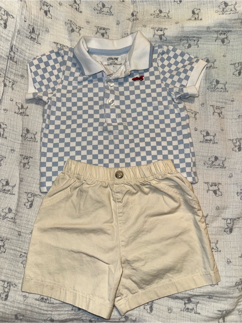 Little Me Blue & White Check Polo Set with Cream Shorts